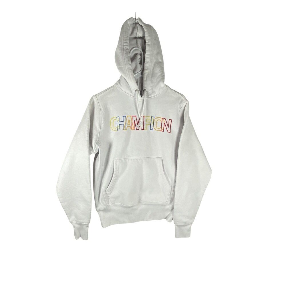Champion Reverse Weave Hoodie Sweatshirt Mens Small White Pullover Colorful Logo